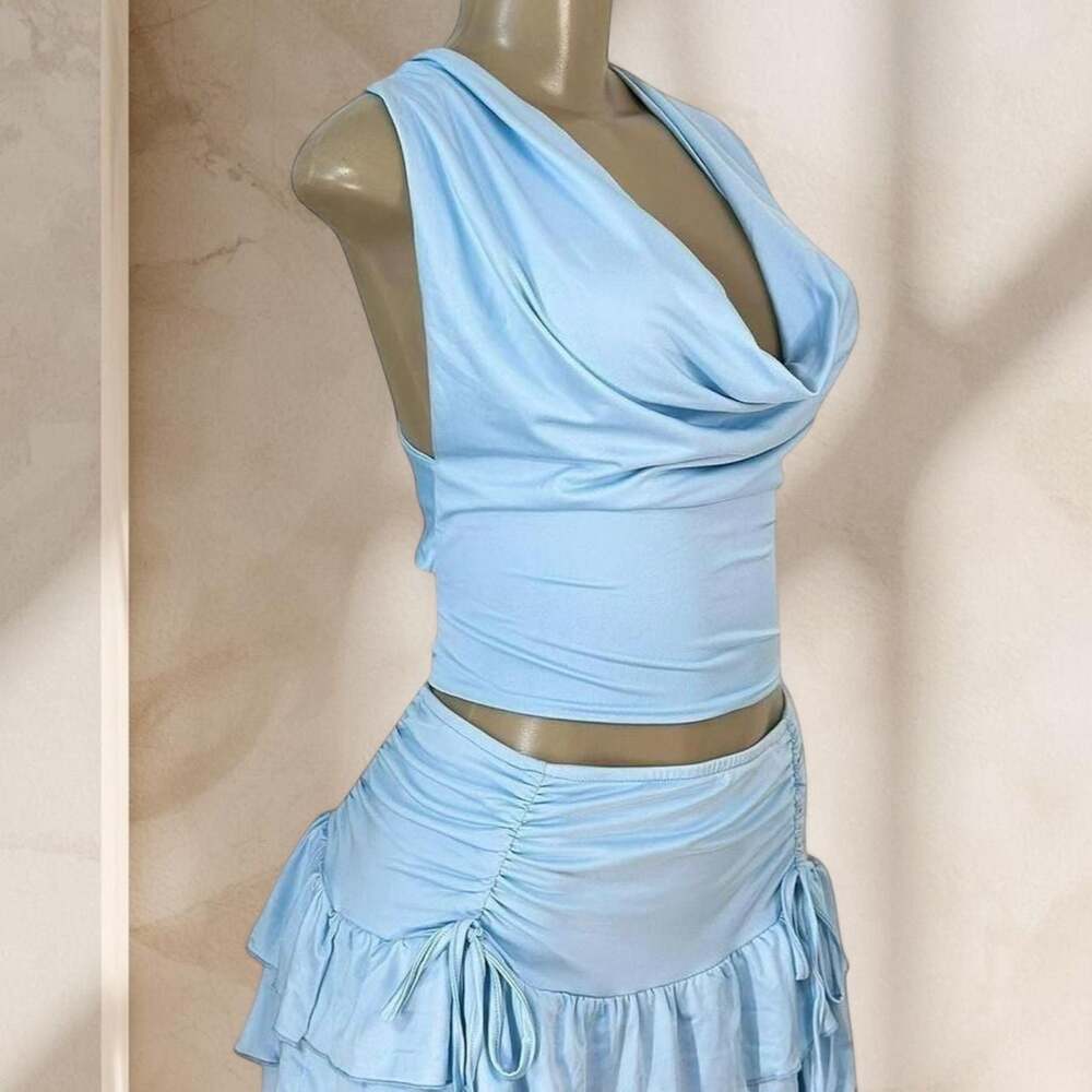 Baby Blue Two Piece Skirt Set – Halter Crop Top & Ruffle Mini Skirt Y2K Cute ✧ M - Picture 2 of 4